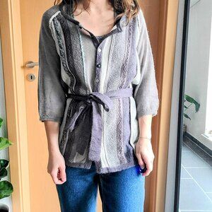 J. Jill Gray Heather Pewter Mohair Wool Knit Button Front Belted Cardigan Top